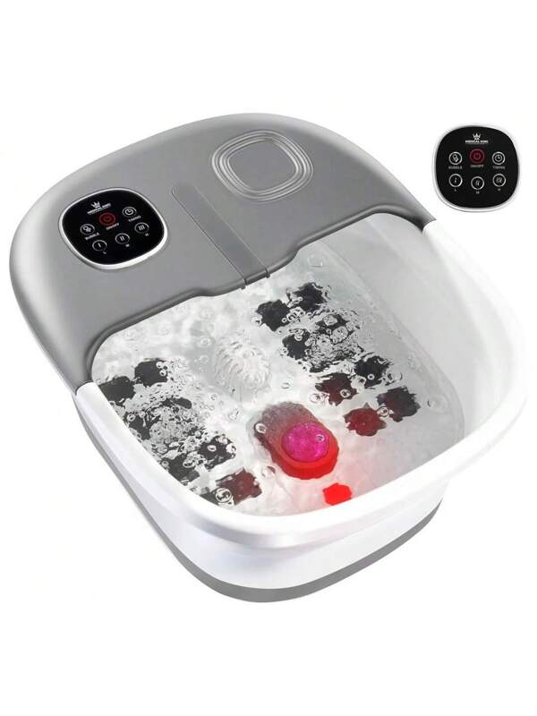 Medical King Foot Spa Massager With 14 Rollers In Foot Shape And Heat - 5 In 1 Foot Bath Massager Includes Adjustable Heating, Bubbles, Vibration, Pumice Stone, Mini Massage Points - For Stress Relief Grey