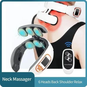 6 Heads Smart Electric Neck And Back Pulse Massager TENS Wireless Heat Cervical Vertebra Relax Kneading Massage Machine White