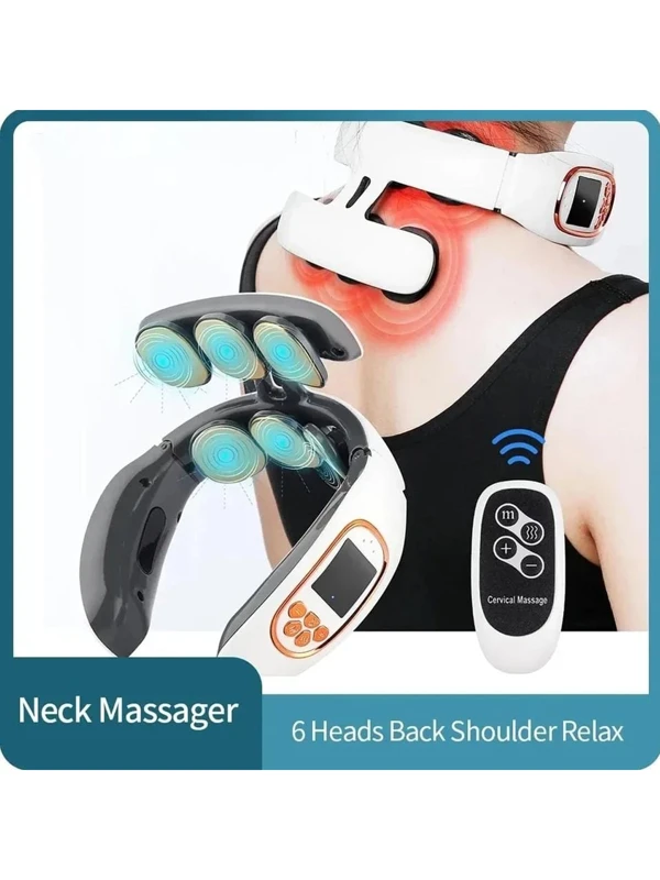 6 Heads Smart Electric Neck And Back Pulse Massager TENS Wireless Heat Cervical Vertebra Relax Kneading Massage Machine White